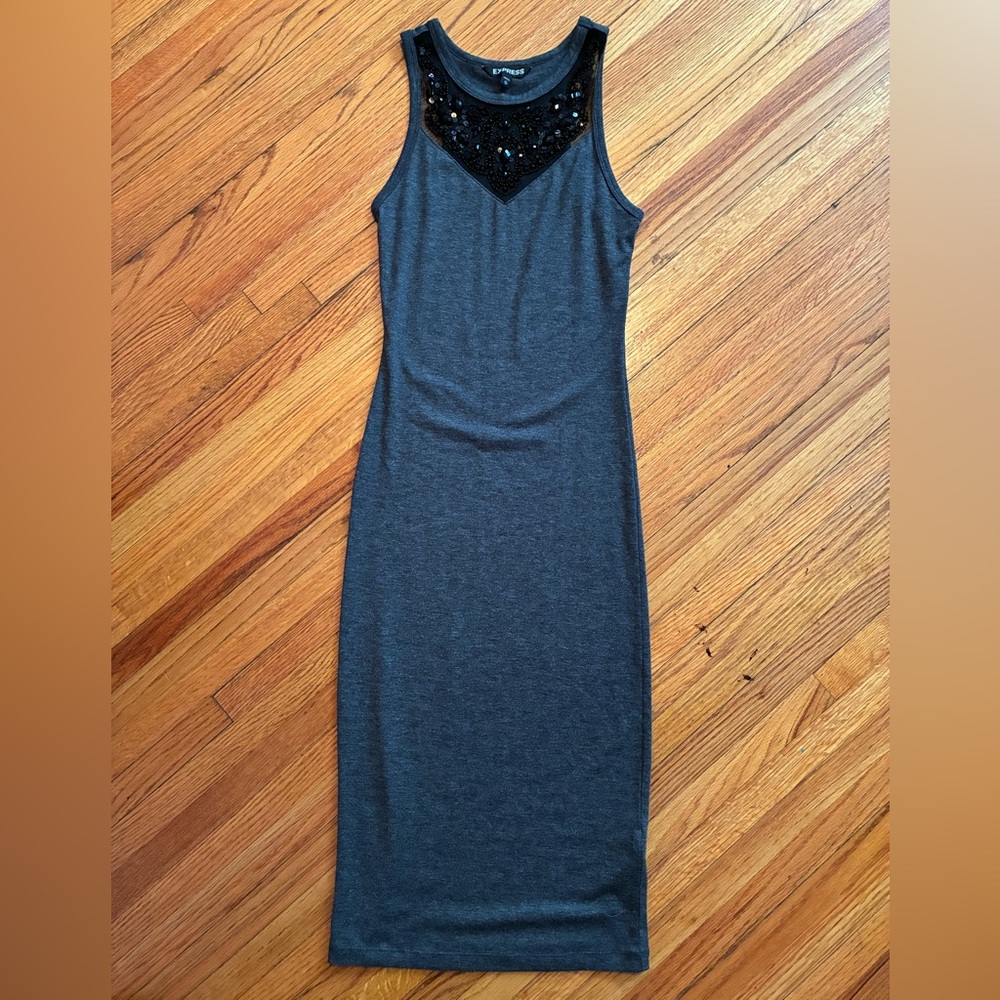 Express Embellished Racerback Midi Dress – Charcoal Bodycon with Beaded Neckline